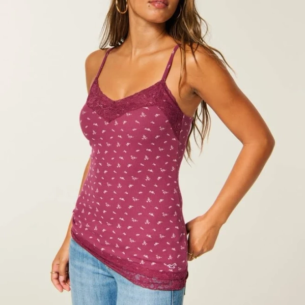 Women's Hollister Lace Trim Layering Cami in Burgundy Floral