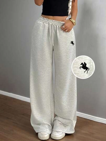 SHEIN Tween Girls Sweatpants With Horse Embroidery, Casual, Versatile, Slim Fit, Elastic Waist, Wide Leg, Suitable For Spring, Summer, Autumn And Winter