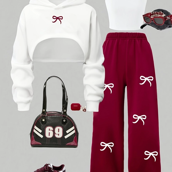 Girls' Autumn/Winter Sweet and Cool Style 3pcs Set: Short Hooded Sweatshirt with Bow Element, Paired with Jogger Sweatpants and Camisole Top. Sporty and Casual Fit Suitable for School Life, Vacations, Autumn Outings, and Daily Wear