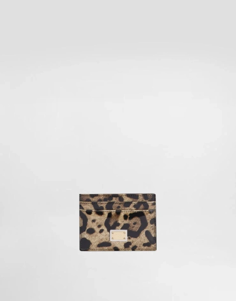 Polished calfskin card holder with leopard print