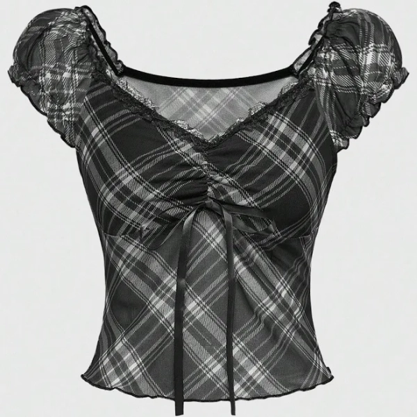 Romwe Women's Casual Plaid Lace Trim Tie Front T-Shirt