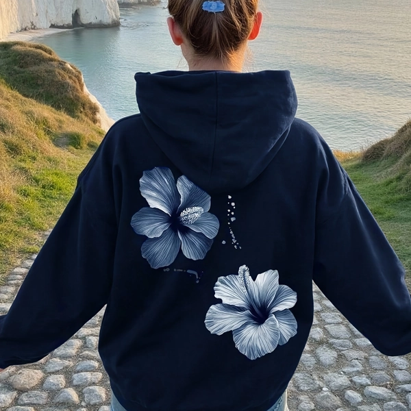 European and American Fashion Hibiscus Flower Pattern Print Autumn/Winter Style Plush-Lined Thickened Drawstring Hoodless Hoodie Sweatshirt