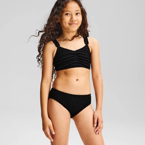 Girls' Crinkle Striped Solid Bikini - Cat & Jack™ Black L