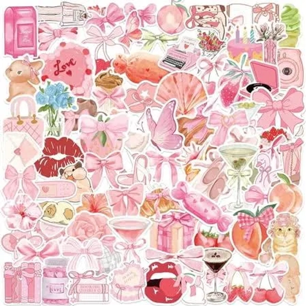 100pcs Cute Aesthetic Coquette Stickers Aesthetic Pink Bow Tie Stickers for Water Bottles Scrapbook Journal Waterproof Vinyl Decals for Laptop Kindle