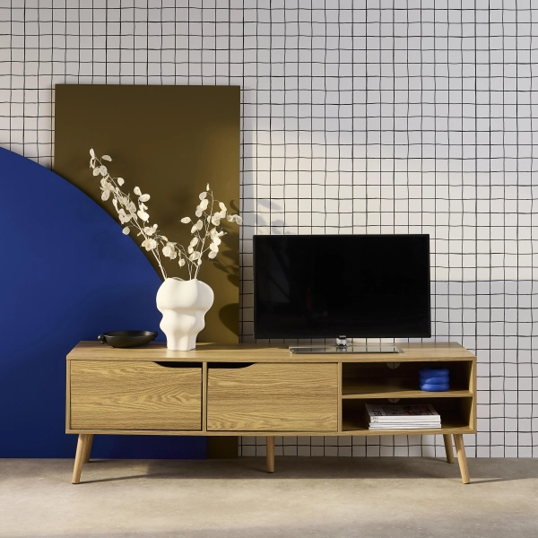 Ash-effect TV stand, 2 doors, 1 shelf, 160cm