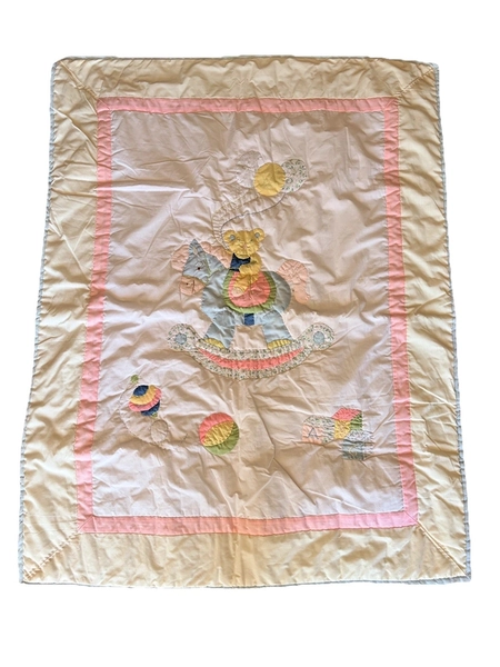 Vintage 80s 90s Baby Togs MBA Quilt Blanket, Rocking Horse Teddy Bear