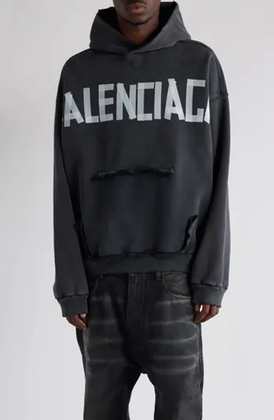 Tape Type Ripped Pocket Large Fit Fleece Hoodie