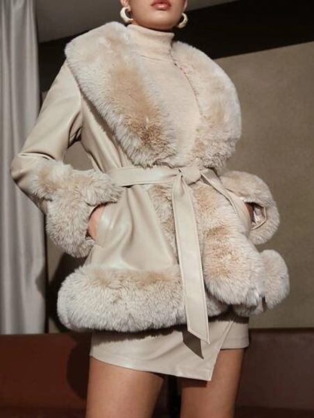Anewsta Fuzzy Collar Belted Coat
