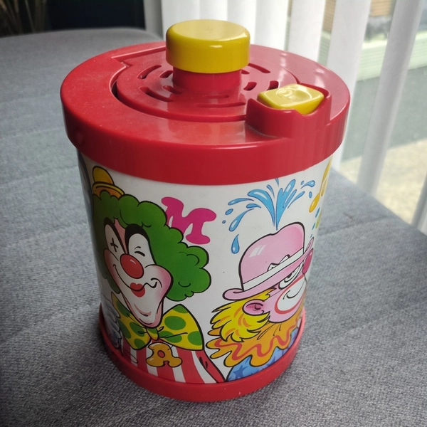 Vintage British made childrens toy JACK IN THE BOX 1970s Young Minds metal CLOWN