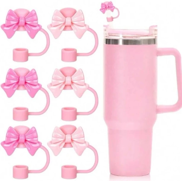 Stanley Straw Covers 6 Bows | 2 Shades Pink | Decorated | Stocking Stuffed | Silicone | Cold