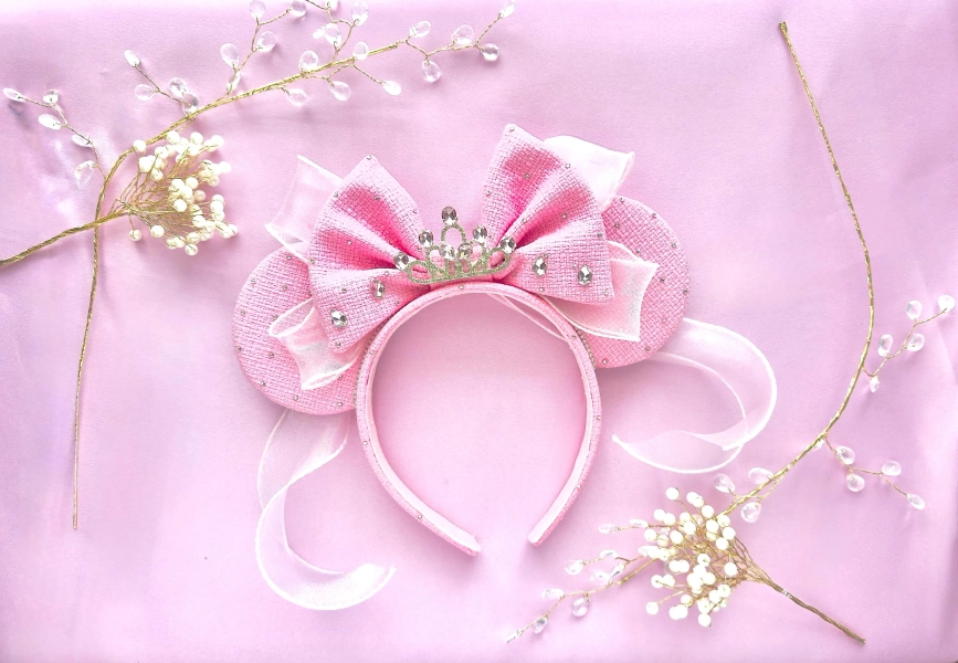 Pink Tiara Princess Minnie Ears | Sparkly Pink Mouse Ear Headband | Coquette Theme Park Ears | Rhinestone Bow Headband | Pink | Sparkle