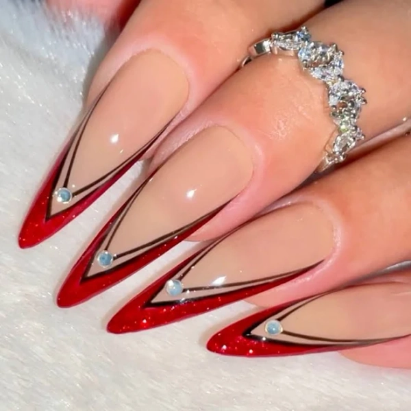 Long Stiletto Sexy Red Rhinestones Fake Nail French Tips Press On Nails