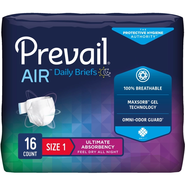 Prevail Air Daily Adult Incontinence Briefs with Tabs, Ultimate AbsorbencySize 1/Medium (26-48 inches) - Bag of 16