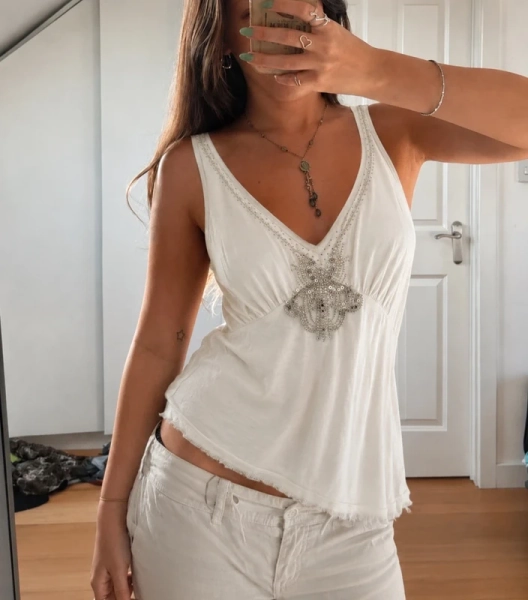 Y2K vintage white sequin top sparkly beaded