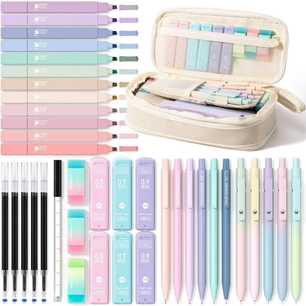 Four Candies 39PCS Cute Stationery Set with Pencil Case, 12 Pastel Highlighters, 5 Black Ink Gel Pens, 6 Mechanical Pencils, Aesthetic School Supplies