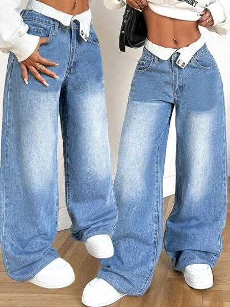 SHEIN Tall Women's Jeans Low Waist Straight Pants Double Waist Straight Trousers Stitching Straight Pants Tall Women's Jeans Valentine Day Jeans Women Summer Women Low Rise Jeans Baggy Jeans