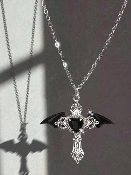 Dark Retro Goth Y2K Angel Wing Rhinestone Cross Necklace, Unisex