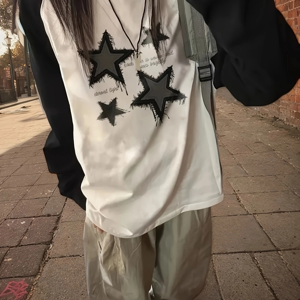 Black And White All-Match Women'S Top T-Shirt, Star Print, Long Sleeve, Round Neck, Loose Fit, Pullover Style, Fabric, Suitable for Spring/Autumn Wear