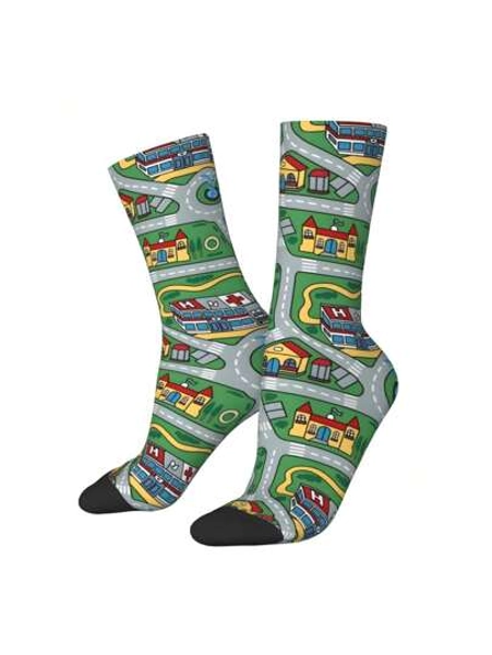 1 Pair Funny Crazy Sock For Men Car City Carpet Road Rug 90S Nostalgic Toy Hip Hop Harajuku Happy Seamless Pattern Printed Boys Crew Compression Sock Novelty Gift, Fall