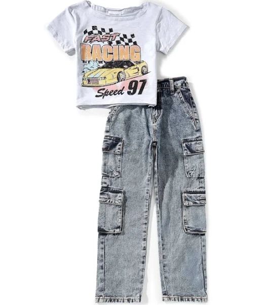 Tween Diva Big Girls Racing Graphic Off-The-Shoulder T-Shirt and Denim Cargo Pants