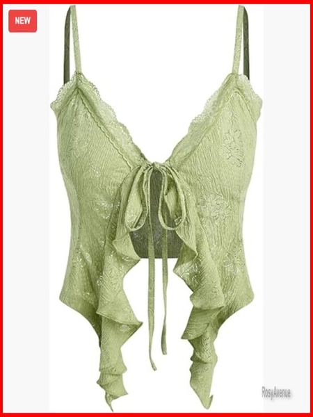 Women's Green Lace See-Through Asymmetrical Ruffle Hem Tie Front Crop Top