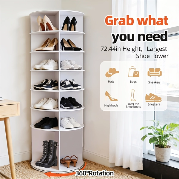 Zapatero giratorio de 7 niveles y 72.44 pulgadas con rotación de 360° y estructura antivuelco, organizador de almacenamiento grande que ahorra espacio para zapatos, botas, figuras, ideal para la entrada y la sala de estar