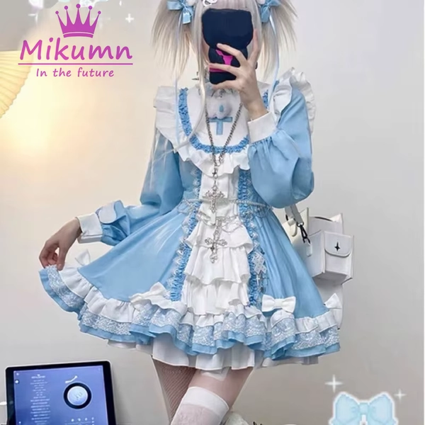  Mikumn Harajuku Japanese Women Kawaii Lolita Dress Gothic Girls Y2k Sweet Bow Blue White Patchwork Lace Ruffles Mini Dresses - AliExpress 200000345