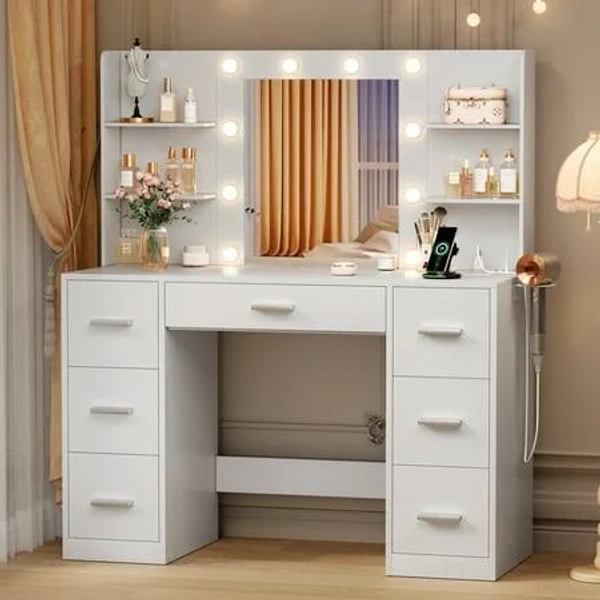 Furmax Makeup Vanity with Mirror, Drawers, 3 Modes, Adjustable Brightness Lights, USB