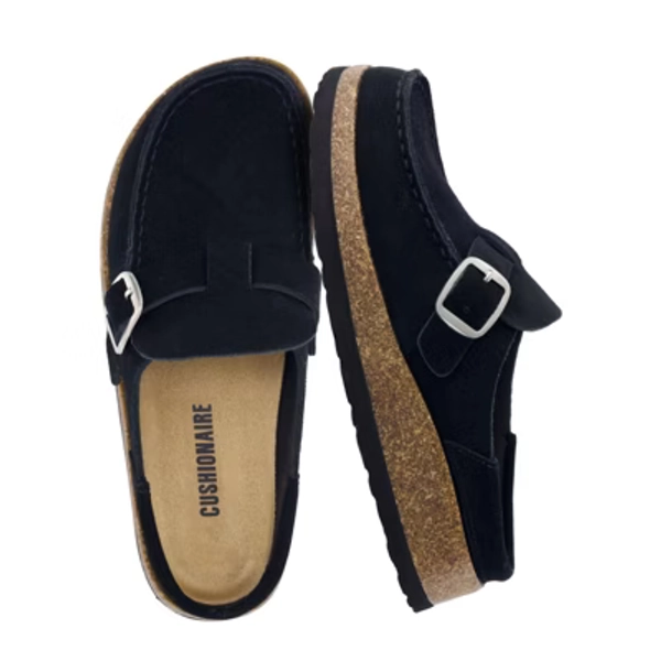 CUSHIONAIRE Women's Hobby Genuine Leather Cork Footbed Clog with Comfort, Arch Support, Buckle Strap, Slip-On Mules -Black 11