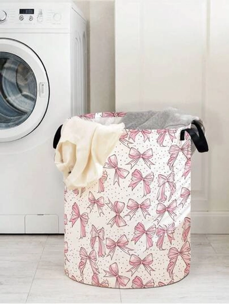 1pc Foldable Round Storage Basket With Handles, Large Capacity, Butterfly Print Design, Multi-Purpose For Bathroom, Bedroom, Laundry, Toys, Clothing Storage