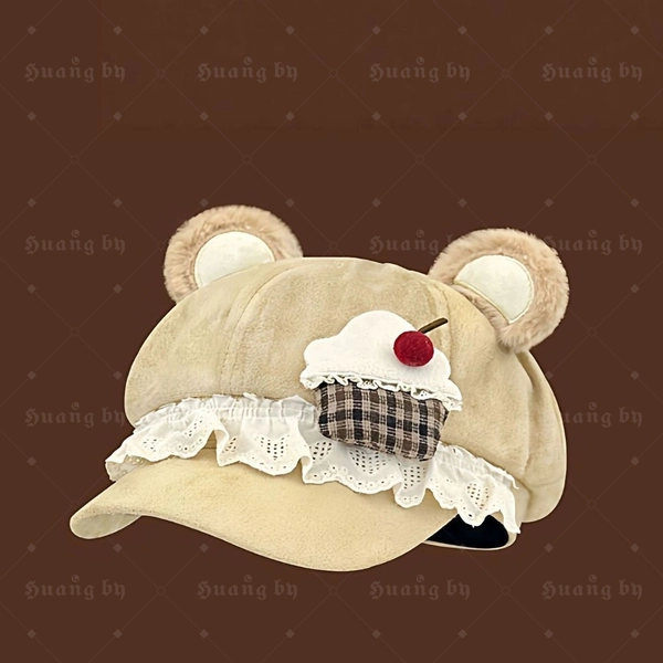 Cute Mouse Ears Soft Beret | Subculture Painter Showing Face, Little Octagonal Hat, Polyester, All-Season, Fabric, Slip-on Closure, Hand Wash Only, Packable