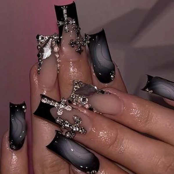 24 Pieces, Cool And Spicy French Black Wearing Nail Piece, Finished Flash Cross Nail Piece, 3D Water Ripple Fake Nail Piece