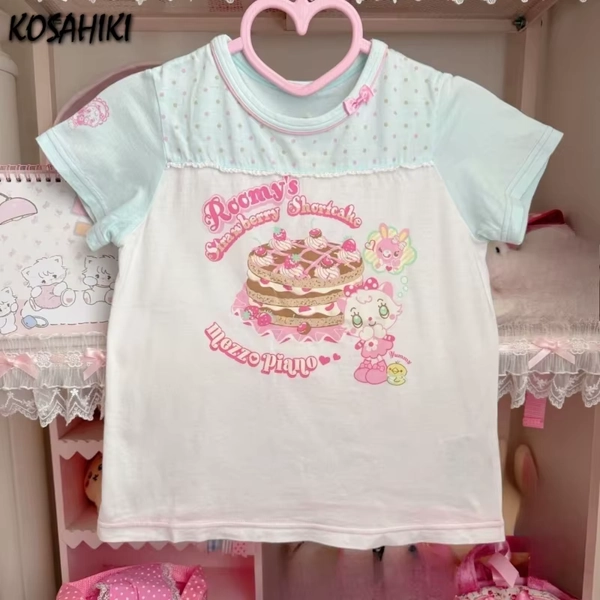 Summer Japanese Kawaii Cartoon Printing Tops Women Harajuku Wave Point Patchwork T-shirt Y2k Aesthetic Fairy Grunge Cute Tee - AliExpress 200000345