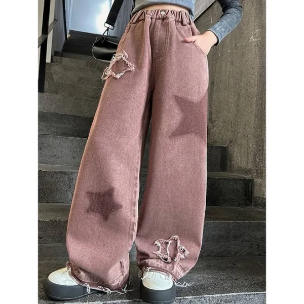 Girls Retro High Waisted Wide Leg Jeans with Stars Patches