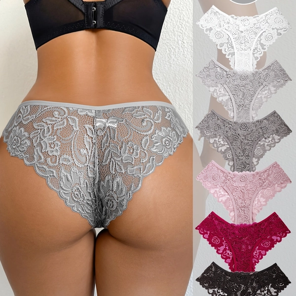 6pcs (6pcs) Women's 6pcs Floral Lace Low-Rise Bikini Panties - Soft Semi-Sheer Underwear Suitable for Daily & Intimate Wear, Contrast Lace Trim, Low-Waist Triangle Briefs, Hand Washable, Elegant & Sexy for Body Types