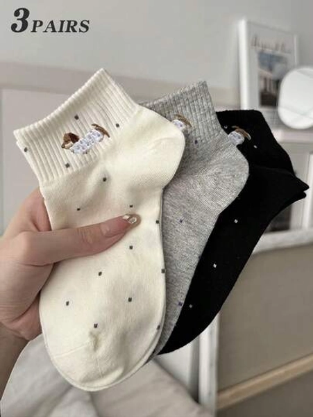 3 Pairs Women Black, White & Gray Combination Ankle Socks, Cute Dachshund Embroidery, Ribbed Design, Breathable Knit Fabric, Minimalist & Cute Style, Suitable For Home, Commute, Dating, Holiday Gift - Size 40-43