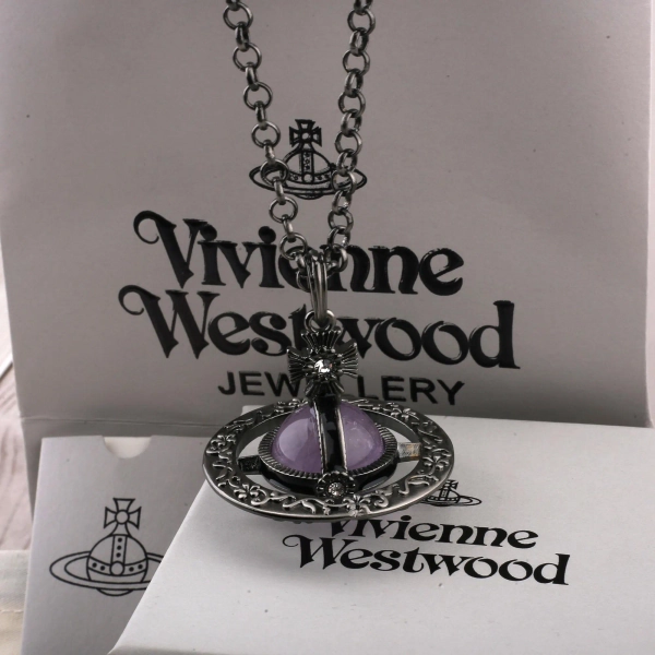In Box Vivienne Westwood Necklace,925 Silver Large Amethyst Ball Saturn Pendant,Gift for Her