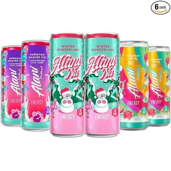 New Alani Energy Drinks Winter Wonderland, Hawaian Shaved Ice, Sherbet Swirl Variety Pack Sugar-Free, Low-Calorie, Energy Boost Drink 12 fl oz (Pack
