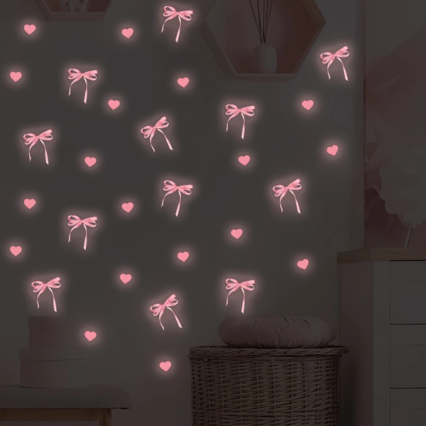 Glow-in-the-Dark Pink Bow Heart Wall Stickers, Romantic Luminous Home Bedroom Decals, Sweet Spring Atmosphere, Cute Self-Adhesive Nighttime Decor, Easy to Apply and Remove