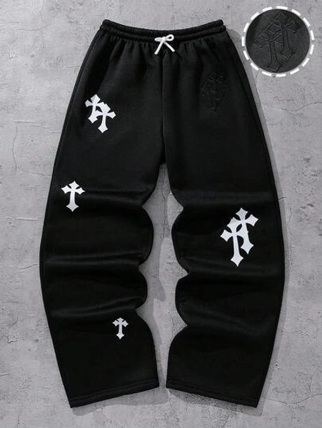 SHEIN Teenage Boys/Men's Casual Street Cross Pattern Loose Straight Sweatpants, Suitable For Daily Casual And Commuting Wear Fall Winter