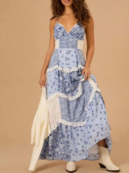 Summer Dresses For Women Boho Y2K Floral Maxi Dress Cute Lace Patchwork Ruffle Flowy Long Dress Sexy Spaghetti Strap Deep V Neck Backless Dresses Low Cut Beach Vacation Sundress