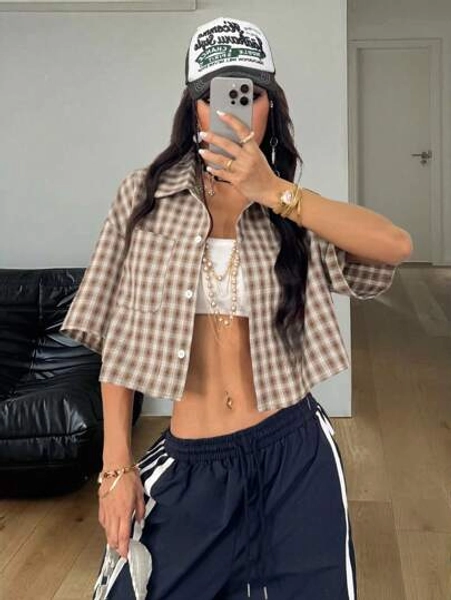 Coolane Women's Spring/Summer Vintage Preppy Crop Plaid Loose Crop Tops Red Shirt For New Years Streetwear