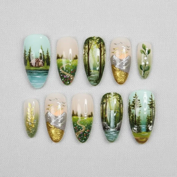 Golden Forest Nail Art, Hand Painted Landscapes, Mystical Woodland Nail, Nature Nails Art Collection