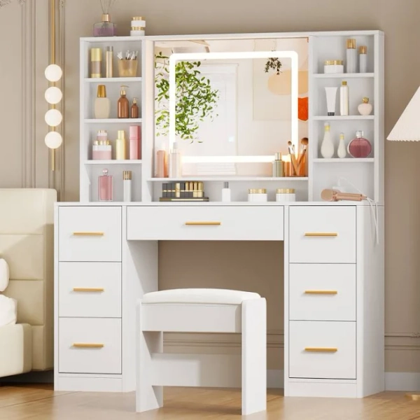 Adriel 39.4" Makeup Vanity With Led Lighted Mirror, 7 Drawers, Power Outletand And Stool Wrought Studio