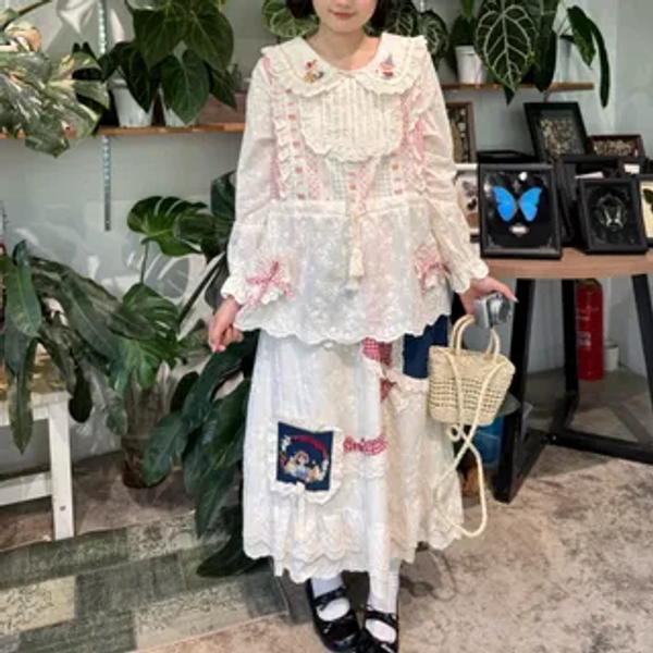 Long-Sleeve Collared Embroidered Top / High Rise Maxi A-Line Skirt