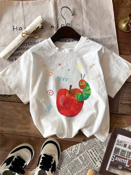 Men'S Casual Crew Neck T-Shirt With Vibrant Apple &Amp; Caterpillar Design - Black Cotton, Short Sleeve, All-Season Wear, Casual Attire|Playful Graphic Tee|Knit Construction