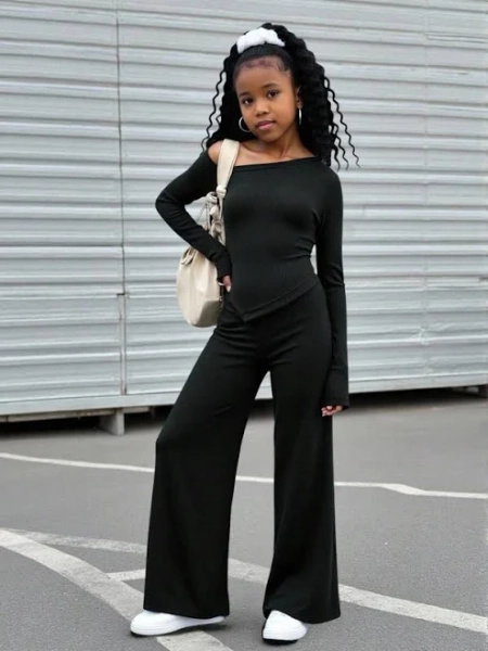 SHEIN Tween Girls Ribbed Long Sleeve Top and Straight Leg Pants Set