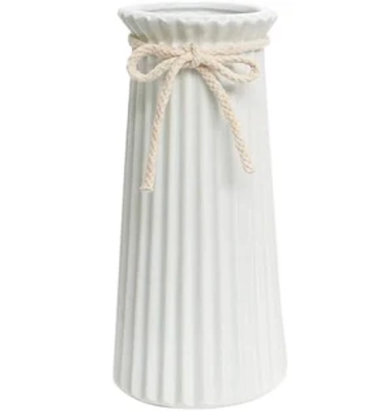 White Ceramic Ribbed Vases for Minimalist Modern Home Decor, Decorative Flowers Vase for Wedding Dinner Table Office Bedroom - 10 Inch / 25 CM