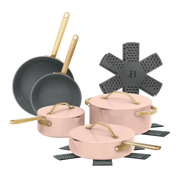Beautiful 12-Piece Ceramic Nonstick Cookware Set, Pots and Pans with Strainer Lids, Rose by Drew Barrymore
