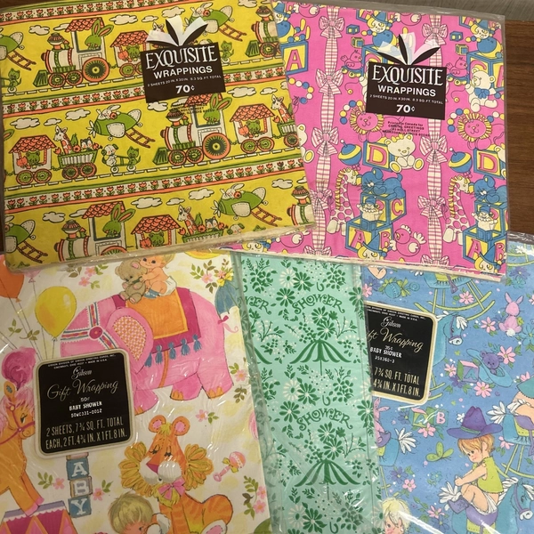 Vintage 60s-80s Wrapping Baby Shower Paper Animals Toys NOS Sealed 5 Pkgs